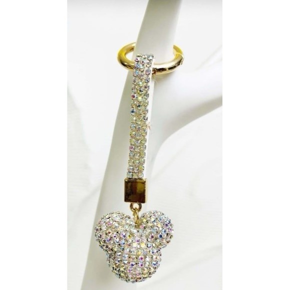 Mickey Shape Rhinestone keychain/pendant & fur ball SILVER/WHITE - Picture 3 of 5